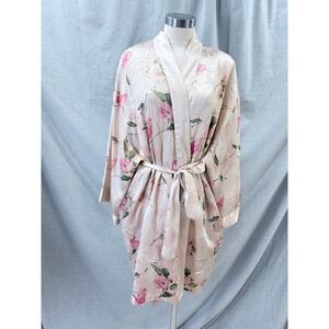 Intimate Essentials Pink Floral Satin Kimono Robe XL Rose Print Tie Waist XL